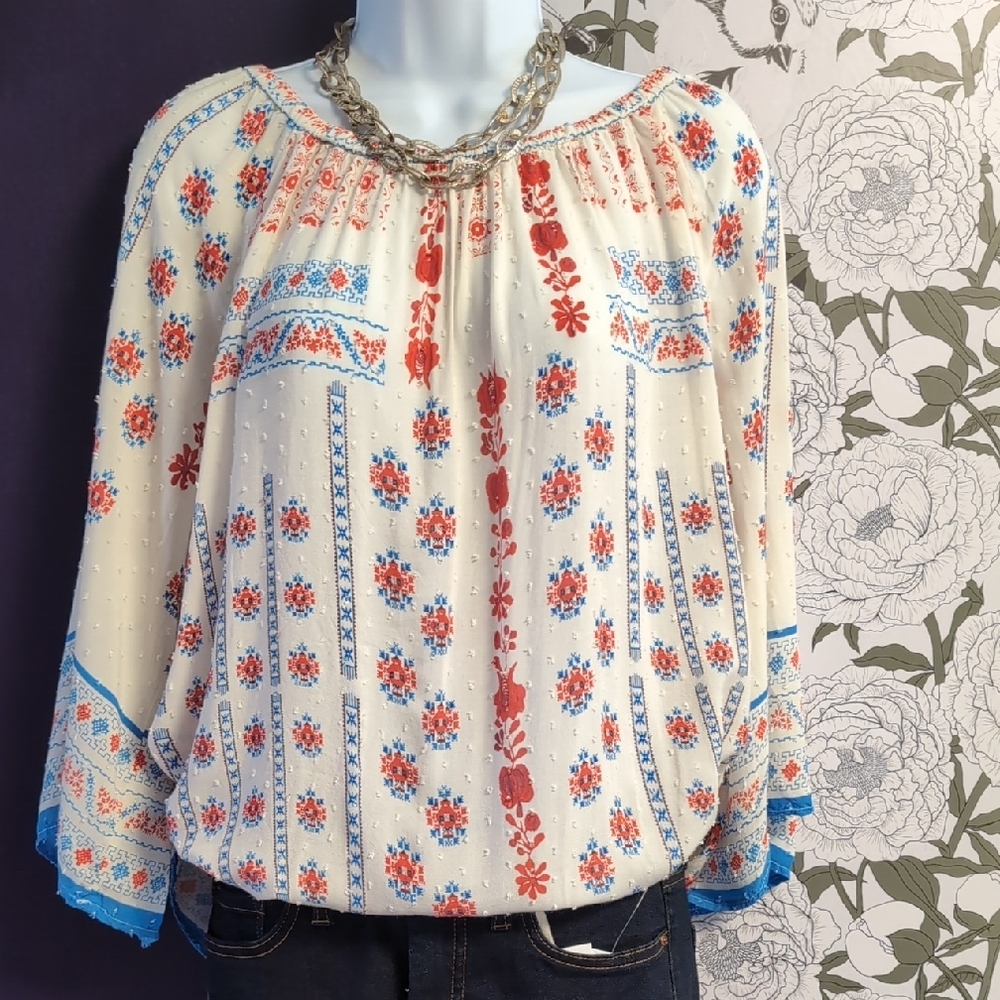 New Directions Boho Floral Blouse - Cream, Red, Blue